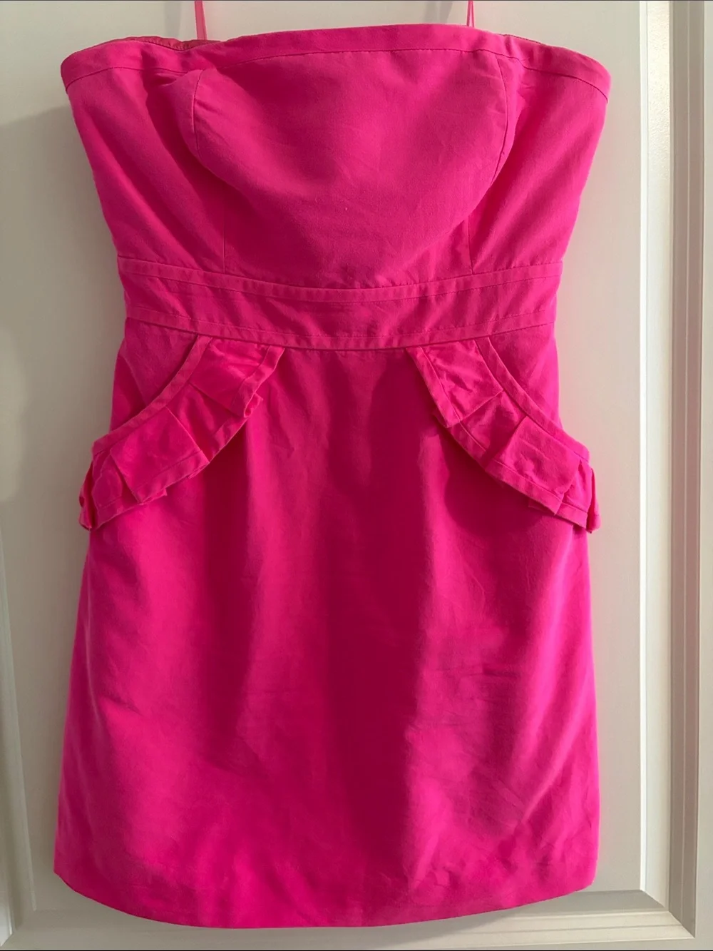 J. Crew Strapless Hot Pink Ruffle-Pocket Mini Dress